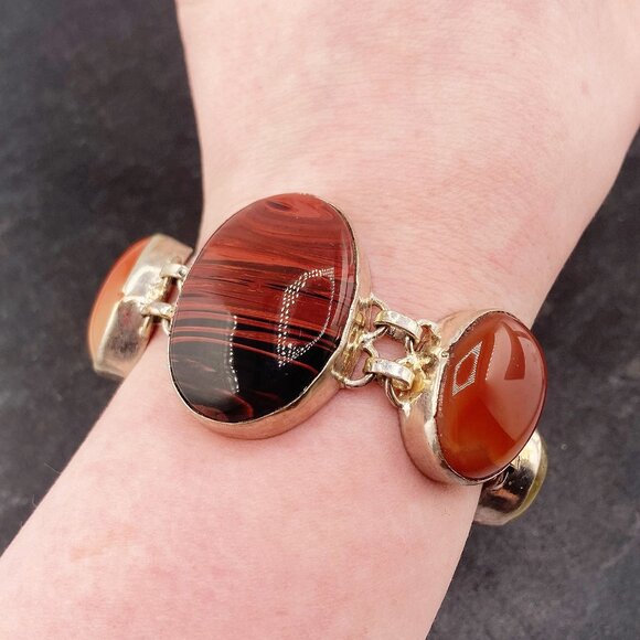 VINTAGE Sterling silver, fluorite, red obsidian, & possibly carnelian bracelet - Picture 2 of 12